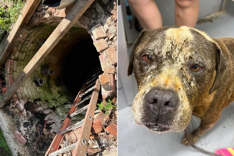 The brick well with a ladder leading down into it, next to a close-up of Brisket's soot-covered face after being pulled out